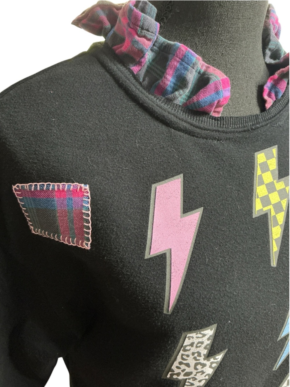 AC/DC Band Upcycled Sweatshirt Lightening Bolts Patches Blanket Stitching Grunge
